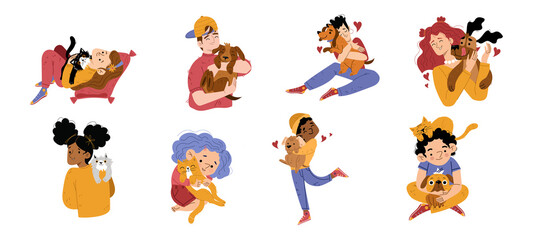 Children hug pets, boys and girls holding dogs and cats on hands, having fun together. Teen or preteens diverse kids characters cuddle with home animals. Love, adoption Linear flat vector illustration