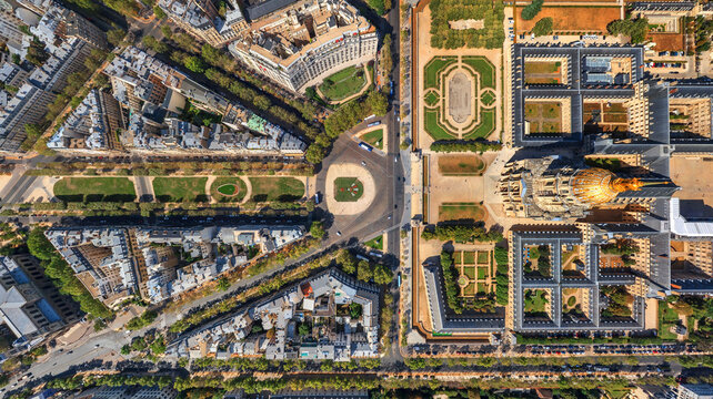Panoramic aerial view of Les Invalides museum and the gardens in Paris downtown, France.