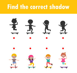 Find the correct shadow. Educational game for children, Shadow Matching Game for kids, Visual game for kid. Connect the dots picture ,Education Vector Illustration.