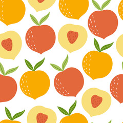 Bright delicious peaches. Seamless summer pattern. A hand-drawn fruit. Vector cute illustration