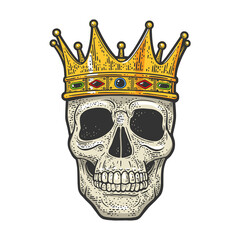 skull in crown tattoo color sketch engraving vector illustration. T-shirt apparel print design. Scratch board imitation. Black and white hand drawn image.