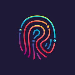 R letter logo made of fingerprint. Multicolor line icon with vivid gradients and shine.