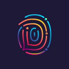 D letter logo made of fingerprint. Multicolor line icon with vivid gradients and shine.