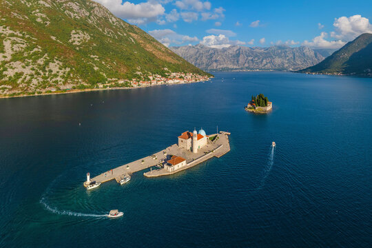 Panoramic aerial view of Gospa od Skrpjela island in Kotor Bay, Montenegro.