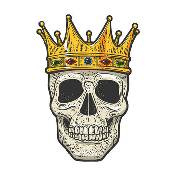 skull in crown tattoo color sketch engraving vector illustration. T-shirt apparel print design. Scratch board imitation. Black and white hand drawn image.