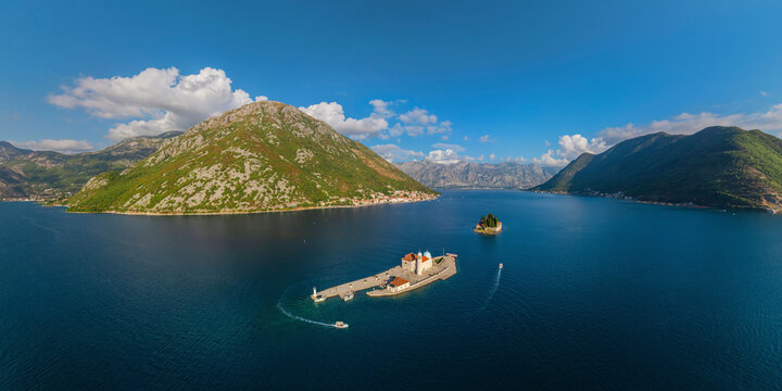 Panoramic aerial view of Gospa od Skrpjela island in Kotor Bay, Montenegro.