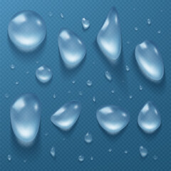 Water drops, clear dews of different shapes and sizes, dripping hydration liquid pure droplets, scatter aqua bubbles, glass balls, spheres isolated on transparent background, Realistic 3d vector set