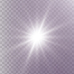 White glowing light star on a black background. Transparent shining sun, star explodes and bright flash. White bright illustration starburst. 