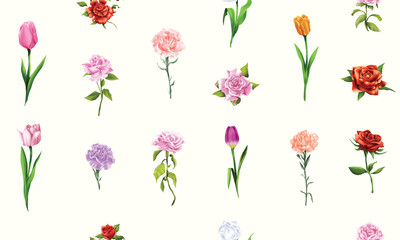 Set of various flowers watercolor style vector illustration  seamless background
