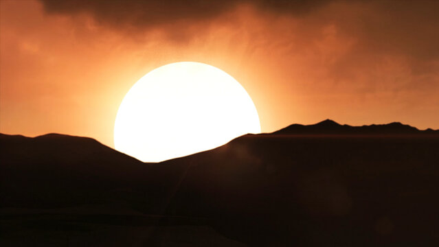 Beautiful sand dunes in the Sahara desert. Beautiful sunset in the mountains. Colorful landscape with sun, sinrise or sunrays and blue sky animation