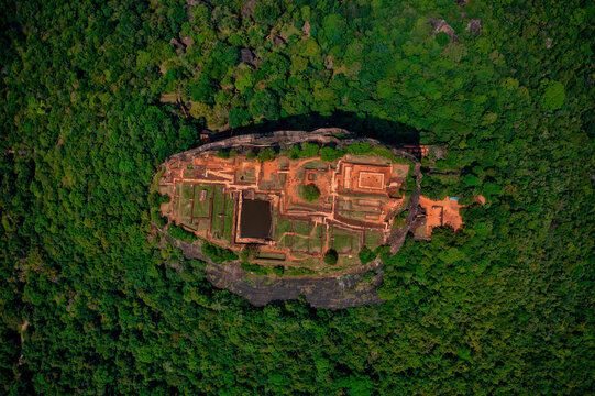 Aerial view of Sigiriya Lion's Rock, a rock fortress located in the northern Matale District, Dambulla, Sri Lanka.