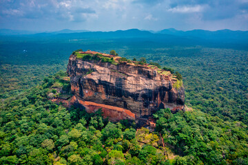 Aerial view of Sigiriya Lion's Rock, a rock fortress located in the northern Matale District, Dambulla, Sri Lanka.