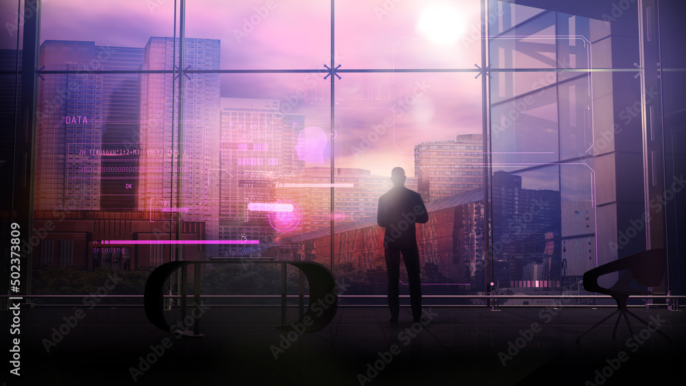 Poster working with code through virtual reality, 3d render.