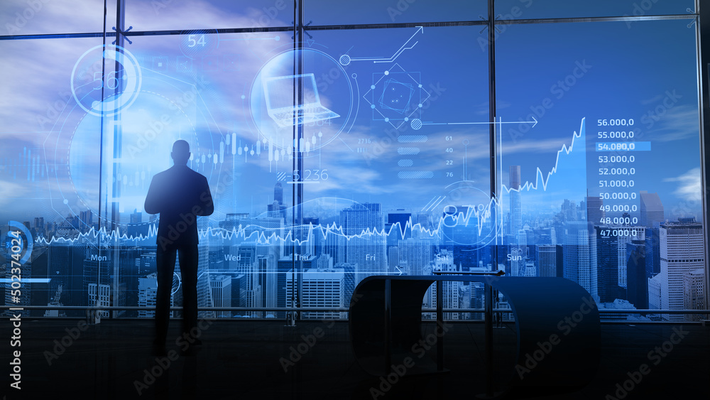 Aufkleber silhouette of a trader in front of bitcoin quotes, 3d render.