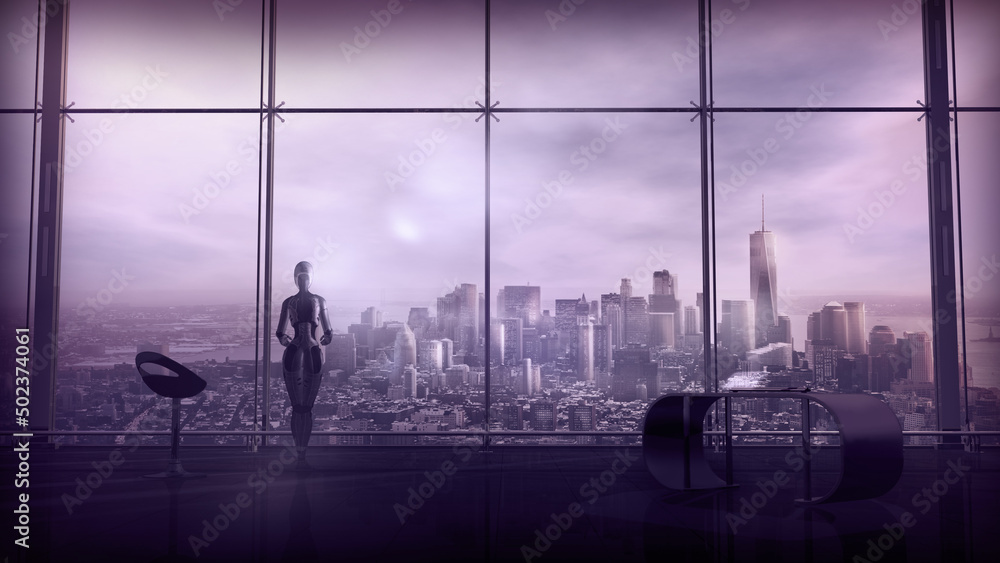 Poster sci-fi storyline with a robot in the office of the future, 3d render.
