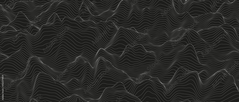 Poster abstract background with distorted line shapes on a black background. monochrome sound line waves.