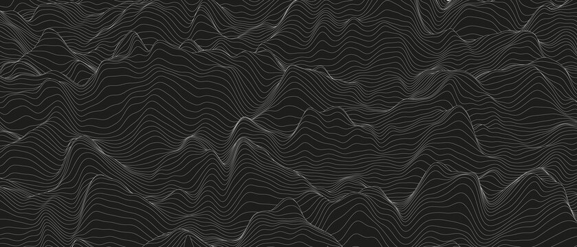 Abstract background with distorted line shapes on a black background. Monochrome sound line waves.