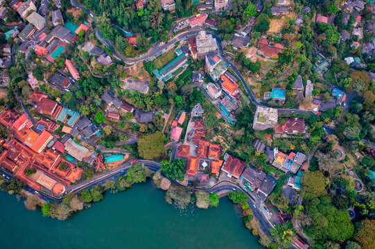 Aerial view of a residential district in Kandy, a small town along the lake in Sri Lanka.