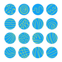 Blue-yellow highlights for social media.Trendy minimalistic round icons with abstract lines.Covers for networks stories. Hand drawn templates, banners.Use for posts and blogging.Isolated.Vector