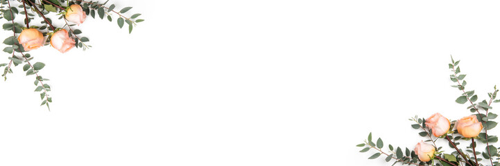 Pink roses and eucalyptus branches bouquet flowers isolated on white background. Happy Easter, spring, wedding, birthday, 8 march romantic love, mother day mockup banner. Flat lay, ovehead top view © Ekaterina Grivet