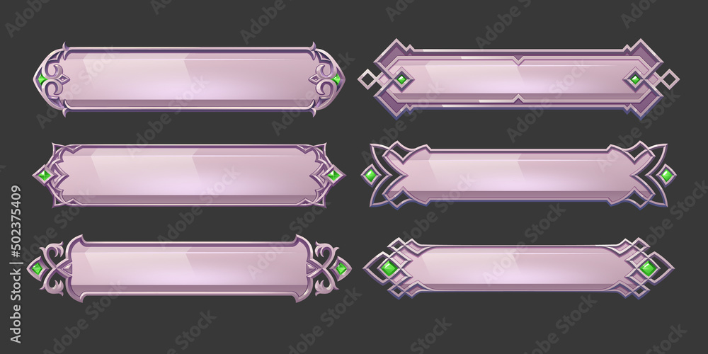 Poster silver buttons with fantasy frames in medieval style and green gems for rpg game ui design. vector c