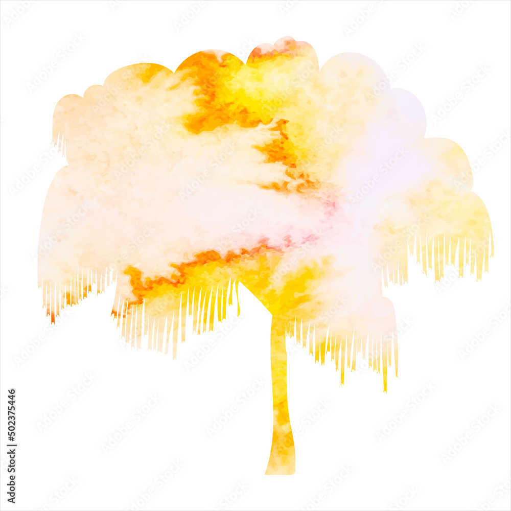 Wall mural tree yellow watercolor silhouette, on white background