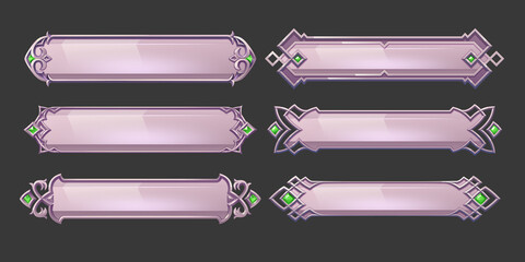 Silver buttons with fantasy frames in medieval style and green gems for rpg game ui design. Vector cartoon set of blank metal banners with fancy border and gemstones © klyaksun