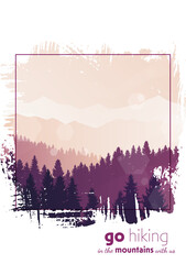 Vector landscape. Sunrise scene in nature with mountains and forest, silhouettes of trees. Hiking tourism. Adventure. Minimalist graphic flyers. Polygonal flat design for coupons, vouchers, postcards.