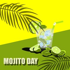 Vector cartoon flat illustration of isolated Classic Mojito bubbling cocktail. Hand drawn glass of fresh Mojito with lime, mint, ice cubes and straw for drinking under the shade of palm leaves. 