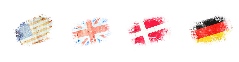 Obraz premium Grunge flags, America. England. Denmark. Germany. Isolated on white background. Signs and symbols.