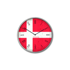 Wall clock in the color of the Denmark flag. Signs and symbols. Isolated on a white background. Design element.