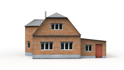 Old wooden residential house render on a white background. 3D rendering