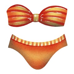 Hand Drawing separate red orange Striped Swimsuit. Beautiful Beach and Swimming pool Clothes. Use for poster, stickers, print, shop, design