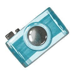 Hand Drawing blue retro Camera. Use for poster, stickers, print, shop, design.