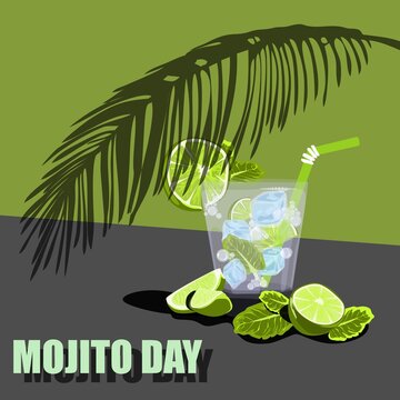 Vector cartoon flat illustration of isolated Classic Mojito bubbling cocktail. Hand drawn glass of fresh Mojito with lime, mint, ice cubes and straw for drinking under the shade of palm leaves. 