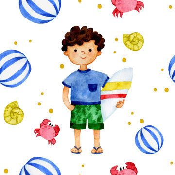 watercolor seamless pattern. character boy on the beach, cute baby on the sea with surfboard and toys