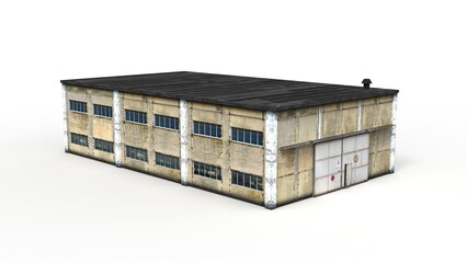 Old industrial building render on a white background. 3D rendering
