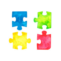 Obraz premium Different colored puzzle pieces: blue green, yellow, red. Hand-drawn in watercolor, isolated on a white background.
