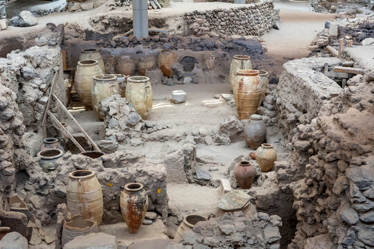 Santorini, Greece - September 18, 2020: Excavations in prehistoric town of Akrotiri in Santorini, Greece