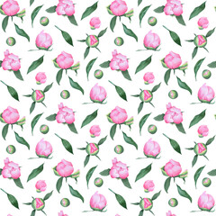 Watercolor seamless pattern with floral romantic elements. Textile background  with pink peonies, leaves and buds.