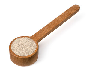 Fototapeta na wymiar Raw rye flour in the wooden spoon, isolated on white background.