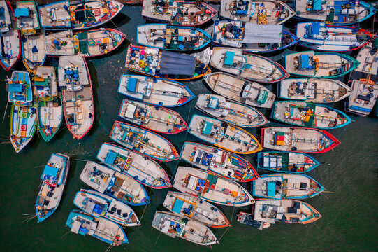Aerial view of motorboat anchored at Beruwala Harbour, Sri Lanka.