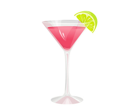 Cosmopolitan cocktail in a cocktail glass.Summer refreshing alcoholic drink with a slice of lime.Vector illustration.