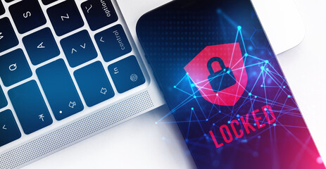 Privacy and security mobile data banner concept. Smartphone with padlock icon and locked text....