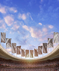 epic soccer stadium with participants glowing. ready for game. mockup - interchangeable flags.
