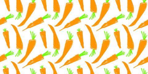 Vitamin A banner with vector carrot pattern seamless. Textured hand-drawn carrots background. Healthy eating concept. Vegetable drawing for vitamin pack label, natural juice packaging. Beta carotene.