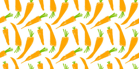 Vitamin A banner with vector carrot pattern seamless. Textured hand-drawn carrots background. Healthy eating concept. Vegetable drawing for vitamin pack label, natural juice packaging. Beta carotene.