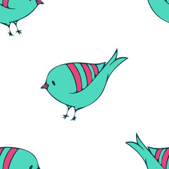 Seamless vector pattern with bluebirds on white background. Simple cartoon chick wallpaper design. Decorative hand drawn robin fashion textile.