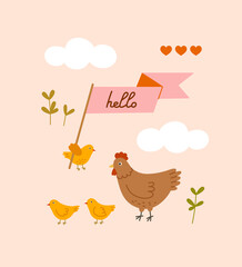 Hand-drawn spring card with cloud, chicken, plants, lettering. Hand-drawn vector card, isolated on pink background. Spring season concept, Easter, nature.