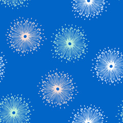 Seamless vector pattern with flower burst on blue background. Simple fluffy floral wallpaper design. Decorative modern fashion textile.